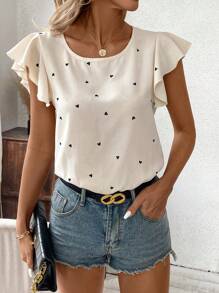 SHEIN Clasi Heart Print Round Neck Ruffle Trimmed Bodysuit With Decorative Bow - Apricot - View 5