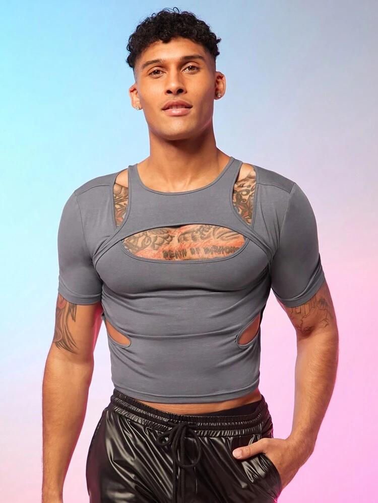 Solid Color Hollow Out Short Sleeve Knit T-Shirt