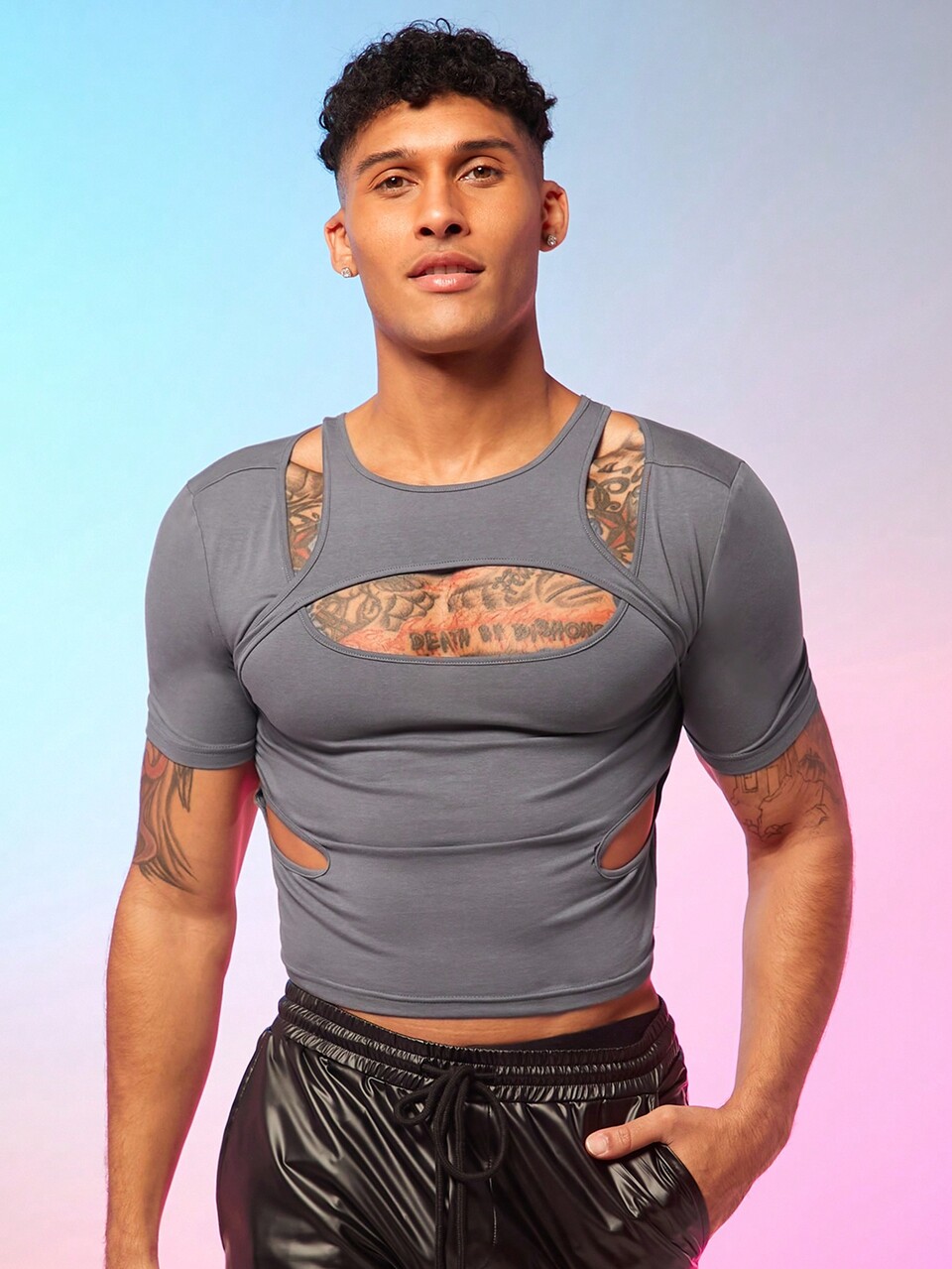 Solid Color Hollow Out Short Sleeve Knit T-Shirt