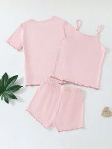 Tween Girls' Spring New Simple Pink Shorts And Round Neck Short-Sleeved Top And Camisole Pajama Set - Pink - View 2