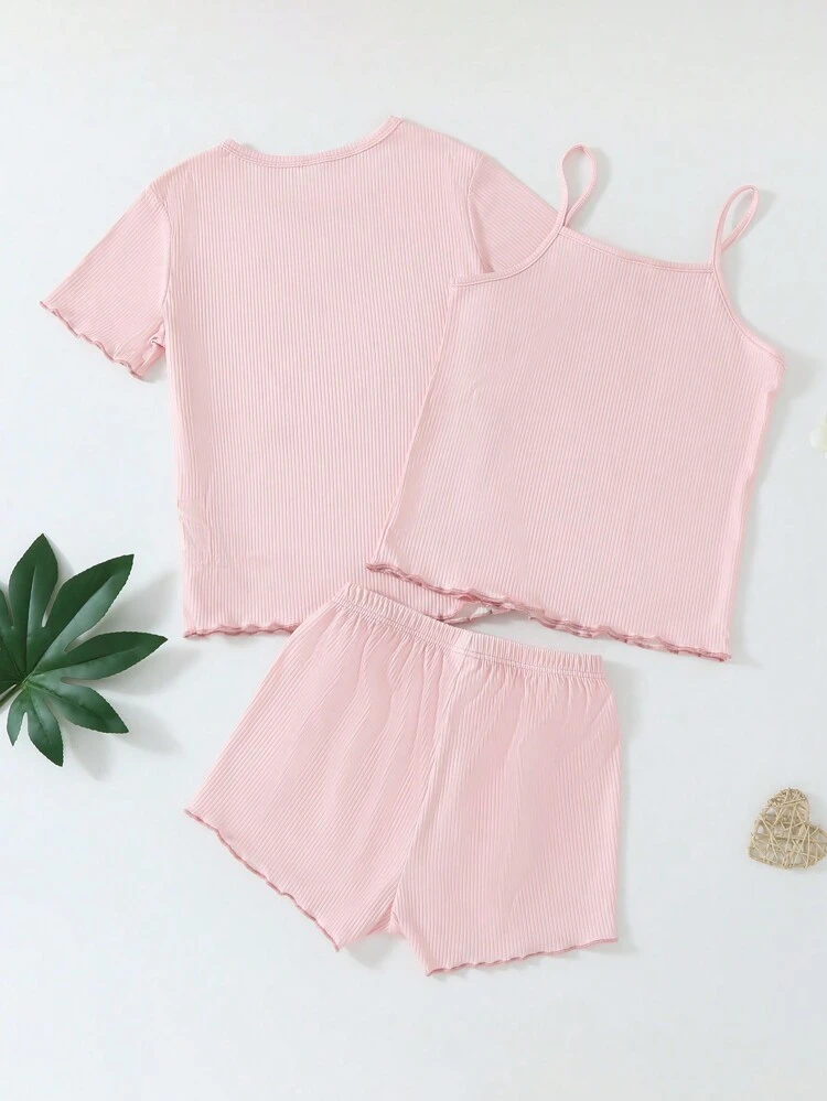 Tween Girls' Spring New Simple Pink Shorts And Round Neck Short-Sleeved Top And Camisole Pajama Set