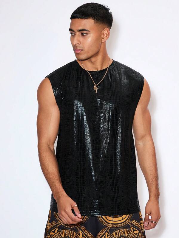 Manfinity VCAY Camiseta sin mangas negra de estilo disco con estampado de patrón de piel de serpiente de punto y de hombros anchos como regalo para el novio