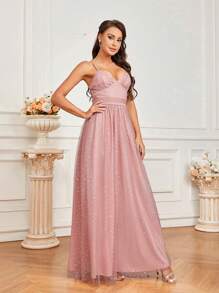 SHEIN Belle Váy phù dâu Với Lung linh Long lanh Lưới , Eo Ruched , Kết cườm Đồ trang trí Và Dây đai - Bụi hồng - Xem 5