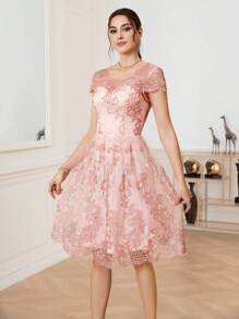 SHEIN BAE Vestido De Fiesta De Cóctel Con Cintura Ajustada Y Encaje De Patchwork - Rosa - Ver 5