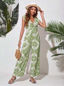 GENKIRA Printed Deep V-Neck Jumpsuit With Ruffled Hem On Neckline And Wide Leg - Green - View 2