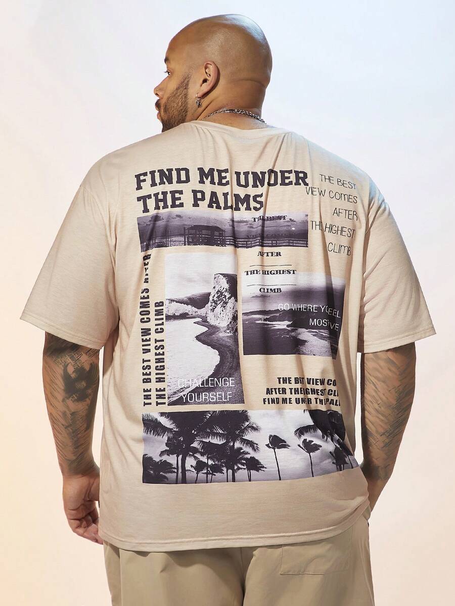 GENTILAND 男裝大尺碼針織椰樹及口號印花短袖t恤,休閒風格 - 彩色 - 查看 1