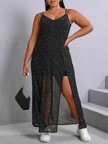 SHEIN CURVE+ Plus Size Shiny Sequin Mesh Split  Hem Thigh Cami Dress - Black - View 1