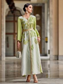 Al Najma Patchwork Jacquard 2 In 1 Long Robe Jalabiya With Weave Ribbon - Green - View 7