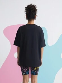 Mr Men Little Miss X SHEIN Cartoon Print Drop  Shoulder T-Shirt - Black - View 7