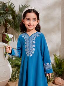 SHEIN Young Girl Patchwork Lace Straight Dress - Blue - View 3