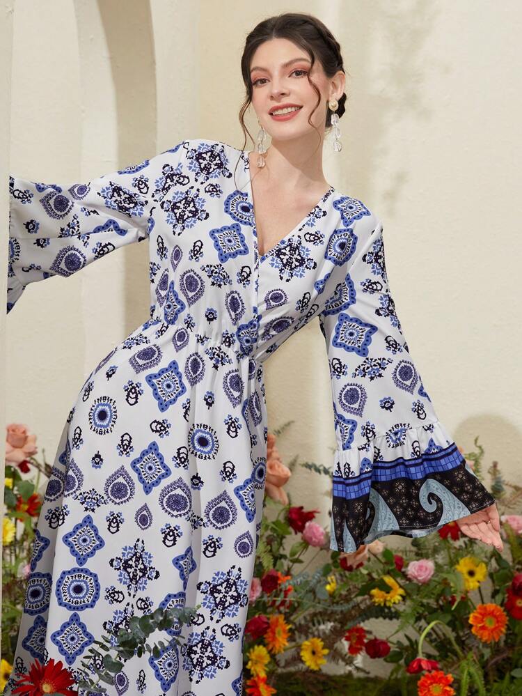 Women's Floral Print Flare Sleeve Dress Fall Cloth For Women