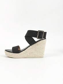 时尚女士凉鞋，采用绑带设计，青铜色带扣和复古编织绳，轻质坡跟和厚黑色鞋底 - 黑色 - 查看 4