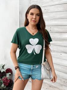 SHEIN LUNE Kích thước lớn Của phụ nữ Màu xanh lá Giải trí Ngày St. Patrick Cỏ ba lá Mẫu Cổ chữ V Ngắn tay Áo thun - màu xanh lá - Xem 4
