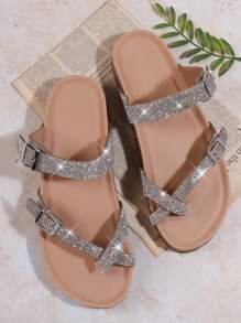 VACAZURE Women's Fashionable Flat Sandals With Rhinestone Decor Valentine's Day - Silver - View 2