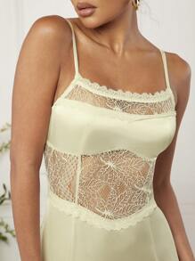 L'Amorae Lace Panel Satin Split Thigh Dress - Beige - View 4