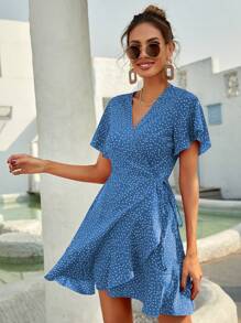 Breezaya Quý cô Chấm bi Ruffle Ngắn tay Đầm - Màu xanh lam - Xem 1