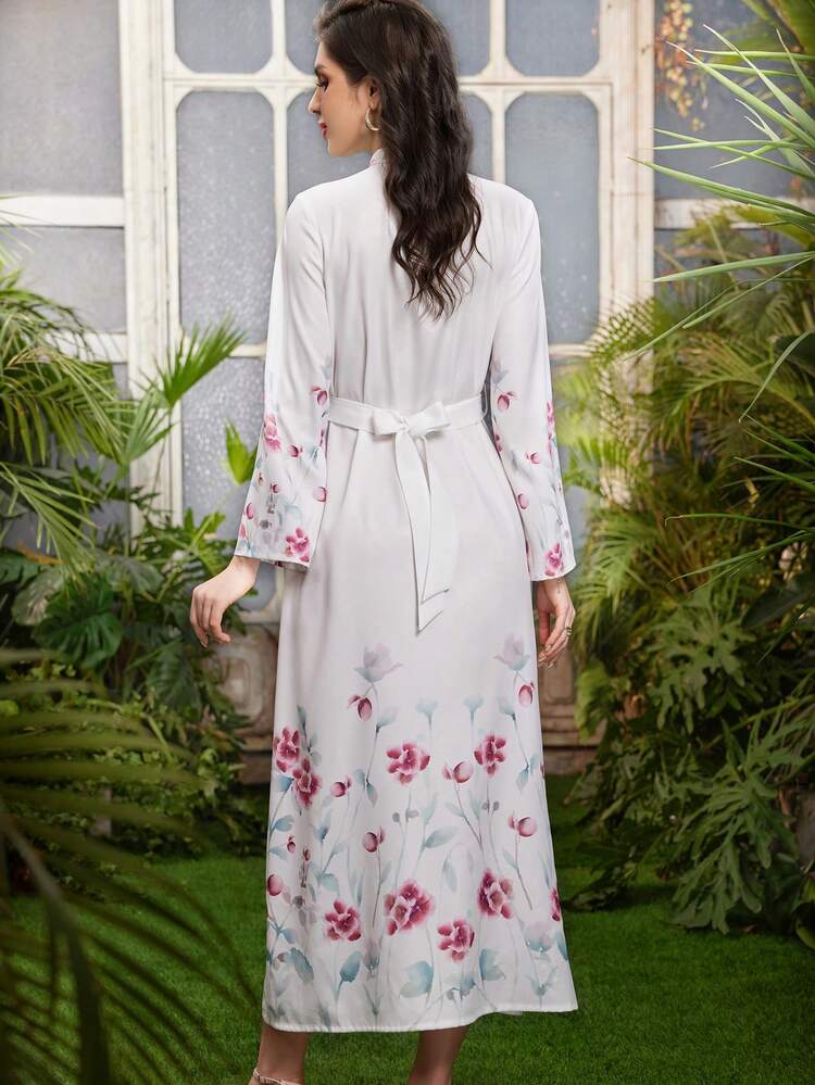 Women's Stand Collar Flower Printed Long Sleeve Single Breasted Dress