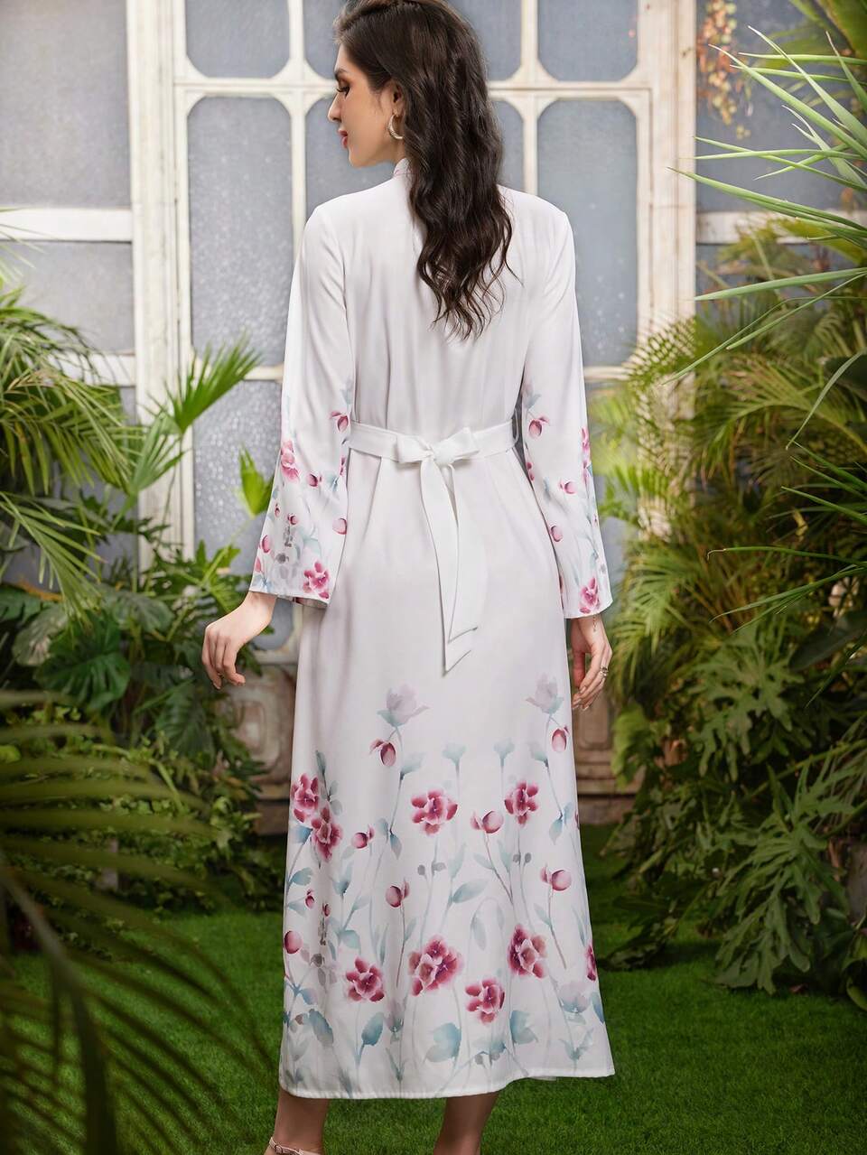 Women's Stand Collar Flower Printed Long Sleeve Single Breasted Dress