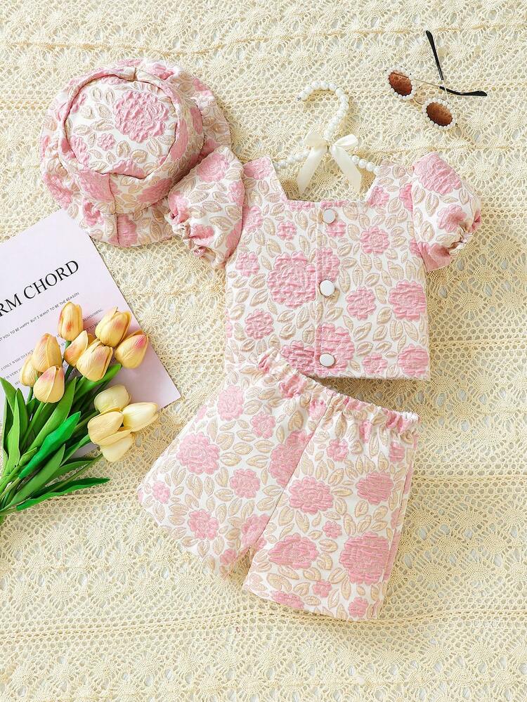 Spring/Summer Baby Girl's Elegant And Adorable Short Sleeve Top With Gold Thread Rose Pattern Plus Shorts Set With Hat