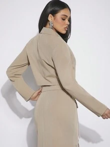 Hauture 雙排扣疊接短款西裝外套 - 卡其色 - 查看 2