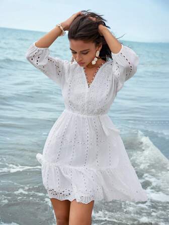  Anewsta Romantic Beach Style White Mid-Sleeve V-Neck Lace Splice Casual Dress With Waistbelt