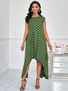 SHEIN Clasi Polka Dot Print Round Neck Asymmetric Hem Dress - Green - View 4