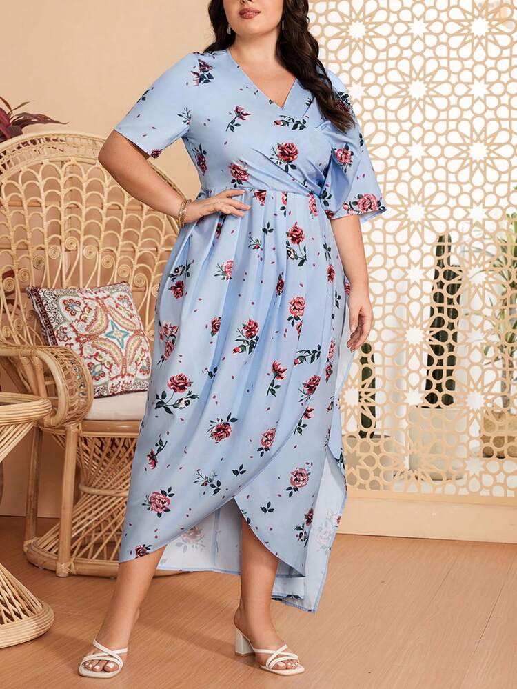 Plus Size Women's Floral Print Short Sleeve Dress