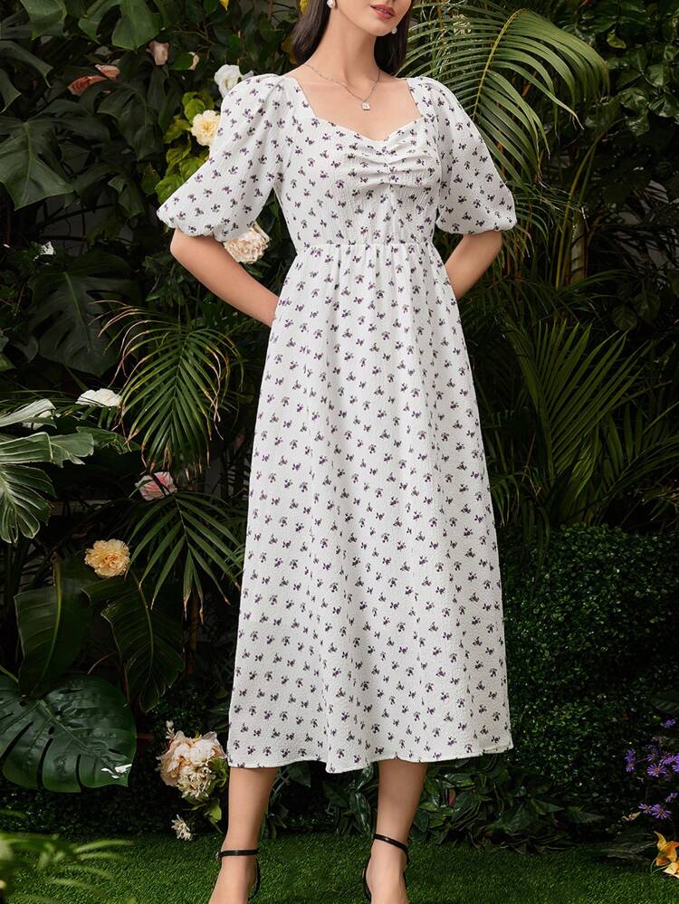 Women's Floral Print Puff Sleeve Pleated Dress