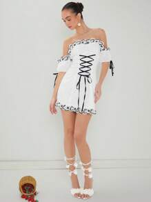 Enchnt Của phụ nữ Off-shoulder Ngắn tay Đầm Với Viền trang trí , Eo Buộc - trắng - Xem 3