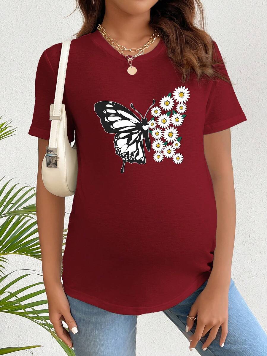 SHEIN 孕婦花蝴蝶印花常規肩短袖t恤 - 酒紅色 - 查看 1