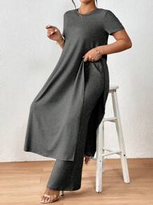 SHEIN LUNE 大尺碼側面分開長上衣與寬腿褲的兩件套裝 - 深灰色 - 查看 3