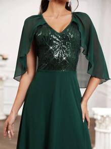 SHEIN Belle Kim sa Vá lại Cổ chữ V Vòng eo đế chế Váy phù dâu - màu xanh lá - Xem 6