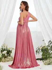 Faeriesty Dressalisa Maternity One Shoulder Floor Length Metallic Gown - Hot Pink - View 2