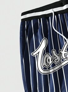 ROMWE MEN Prep Men Building & Letter Graphic Drawstring Waist Mesh Basketball Shorts, School - Navy Blue - View 5