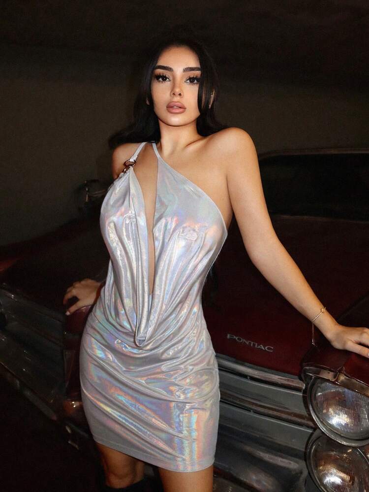 Women's Silver Coated One Shoulder Sleeveless Pleated Dress