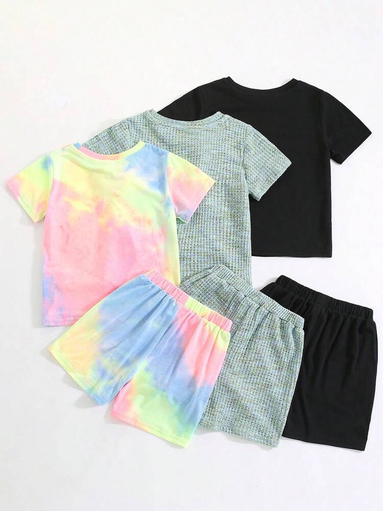 6pcs Young Boys' Casual Tie Dye Satin Colorful Checkered Round Neck Short Sleeve T-Shirt And Shorts Set, Suitable For Holiday Or Home Wear