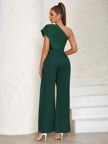 Asymmetrical Shoulder Sexy Simple Patchwork Wide-Leg Jumpsuit - Dark Green - View 2