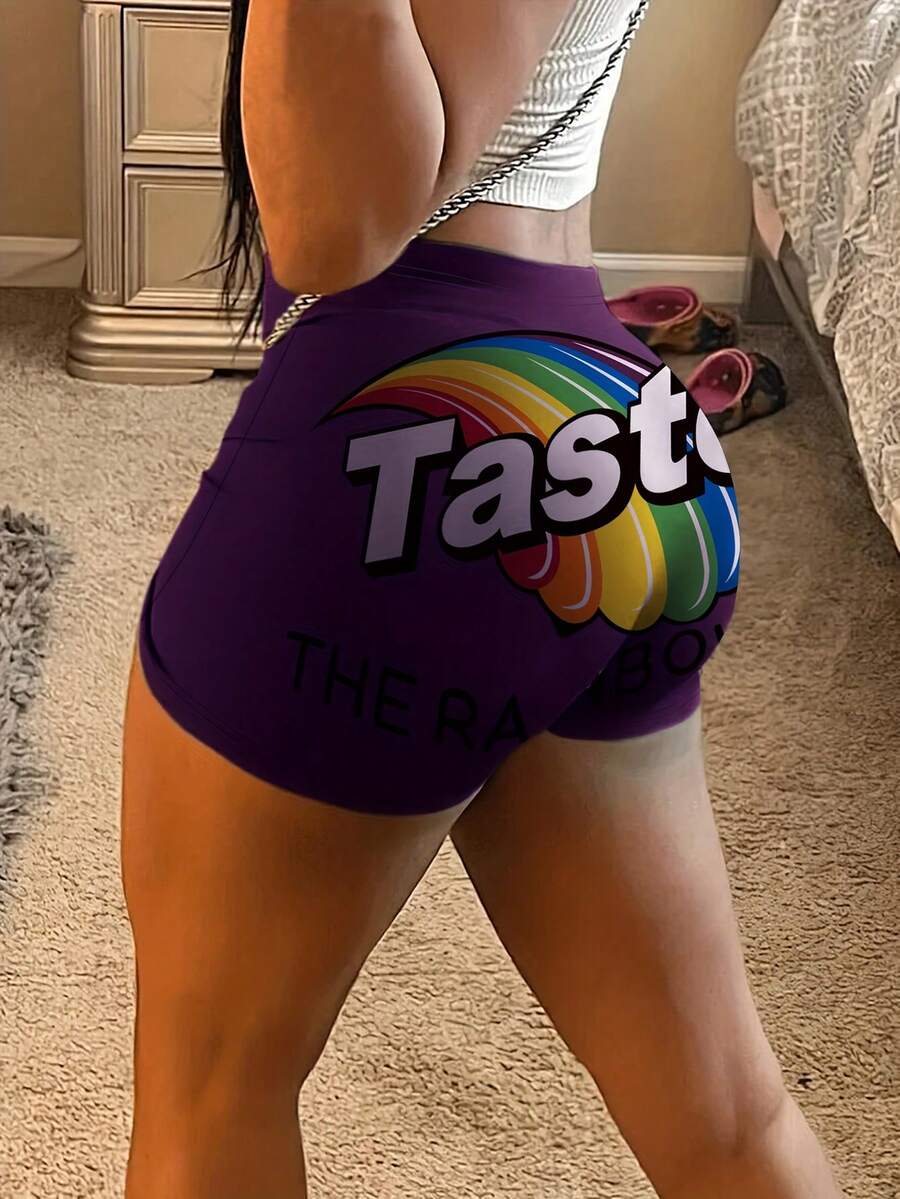Women's Fashion Letter & Rainbow Print Tight Shorts, Summer - Purple - View 1