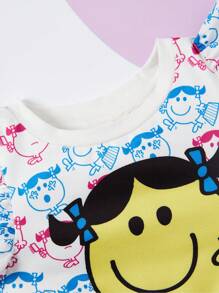 Mr Men Little Miss X SHEIN Baby Girl Cartoon Graphic Ruffle Armhole Knot Hem Top & Shorts - Multicolor - View 4