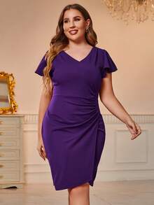 CurvySweet 加大尺碼女式復古v領荷葉邊袖修身連衣裙,腰間褶皺設計 - 紫色 - 查看 4