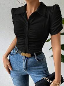 Chiquease Solid Color Pleated Puff Sleeve T-Shirt - Black - View 1