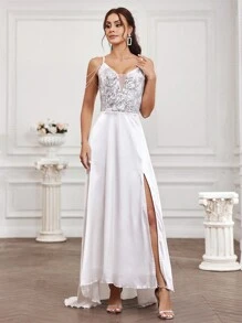 SHEIN Belle Sequin Patchwork Split Front Cold Shoulder Wedding Dress With V-Neckline