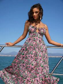 Anewsta Vestido Con Tirantes Finos Sin Espalda Y Estampado De Plantas Para Mujer - Multicolor - Ver 1