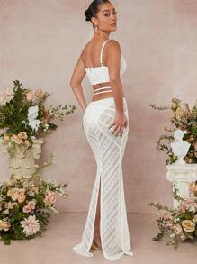 L'Amorae Lace Crop Top & Mermaid Hem Skirt Two Pieces Set - White - View 3