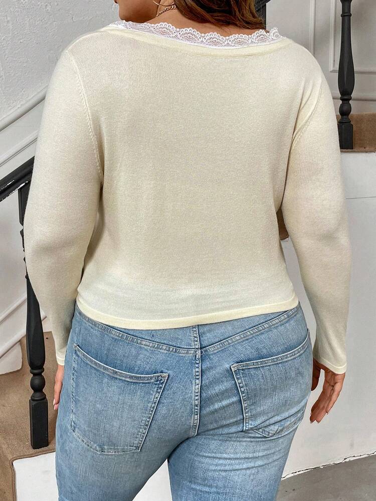 Plus Size Women's Long Sleeve Contrast Lace Pullover Sweater Knit Pullover Fall Winter