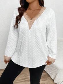 SHEIN LUNE 大码撞色蕾丝V领套头卫衣 秋季卫衣 - 白色 - 查看 4