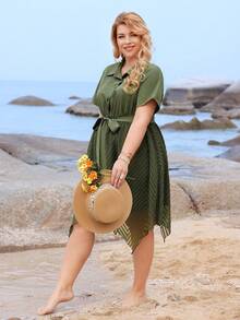 EMERY ROSE 大码网眼撞色纽扣门襟短袖连衣裙 - 軍綠色 - 查看 3