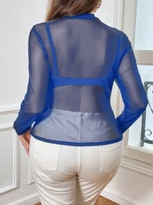 SHEIN Privé Kích thước lớn Của phụ nữ Viễn cảnh Lưới Áo Với Pha lê Chi tiết - Xanh đậm - Xem 2