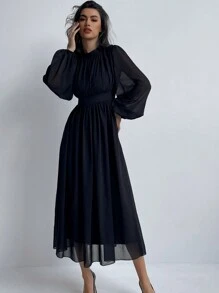 Firerie Ladies' Solid Color Lantern Sleeve Waist Belted Elegant Dress