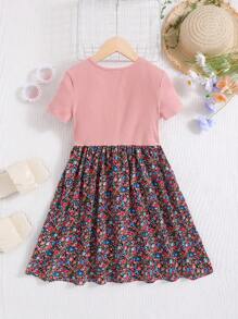 適合休閒穿著的青少女修身圓領拼接花卉壓榨裙 - 西瓜粉 - 查看 2